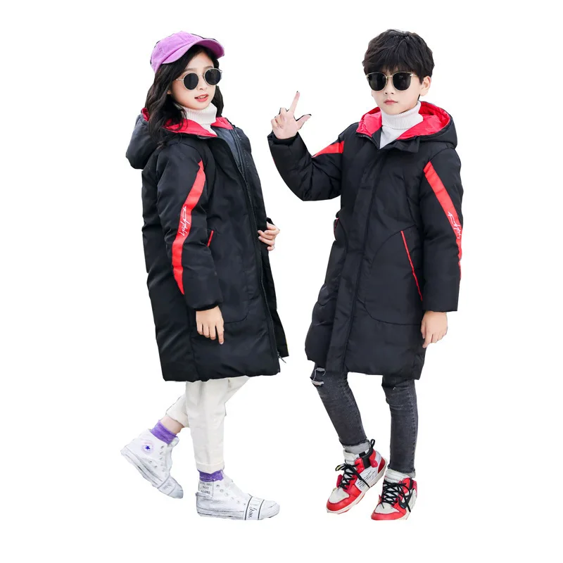ZQLZ Big Boys Winter Jacket Kids New Casual Hooded Warm Cotton Long Parka Kids Loose Outerwear Fashion Black Coat Girls