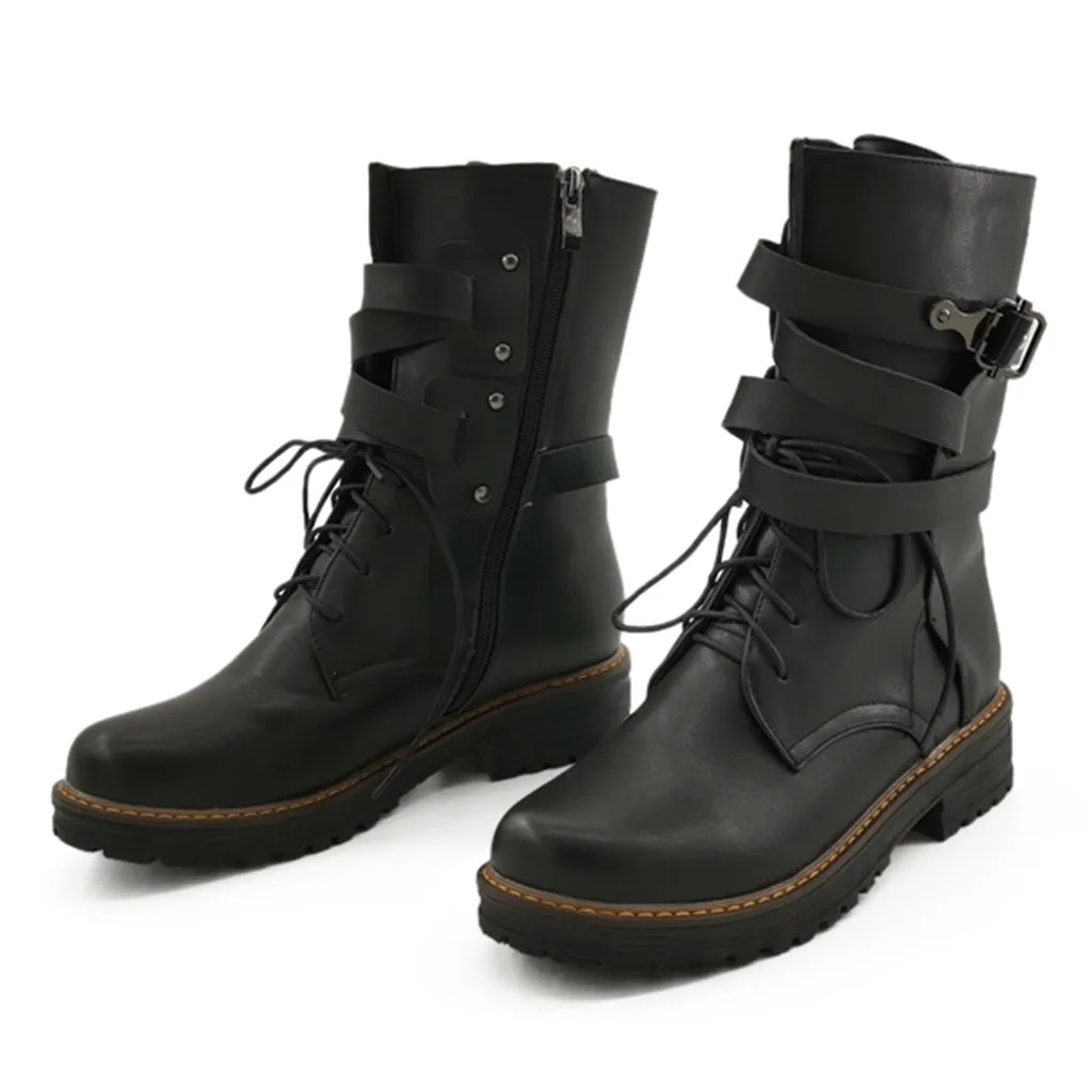 Fashion Women Warm Non-slip Boots Square Heels Buckle Strap Solid Color Mid Motorcycle Boots Round Toe Winter Keep Warm Shoes