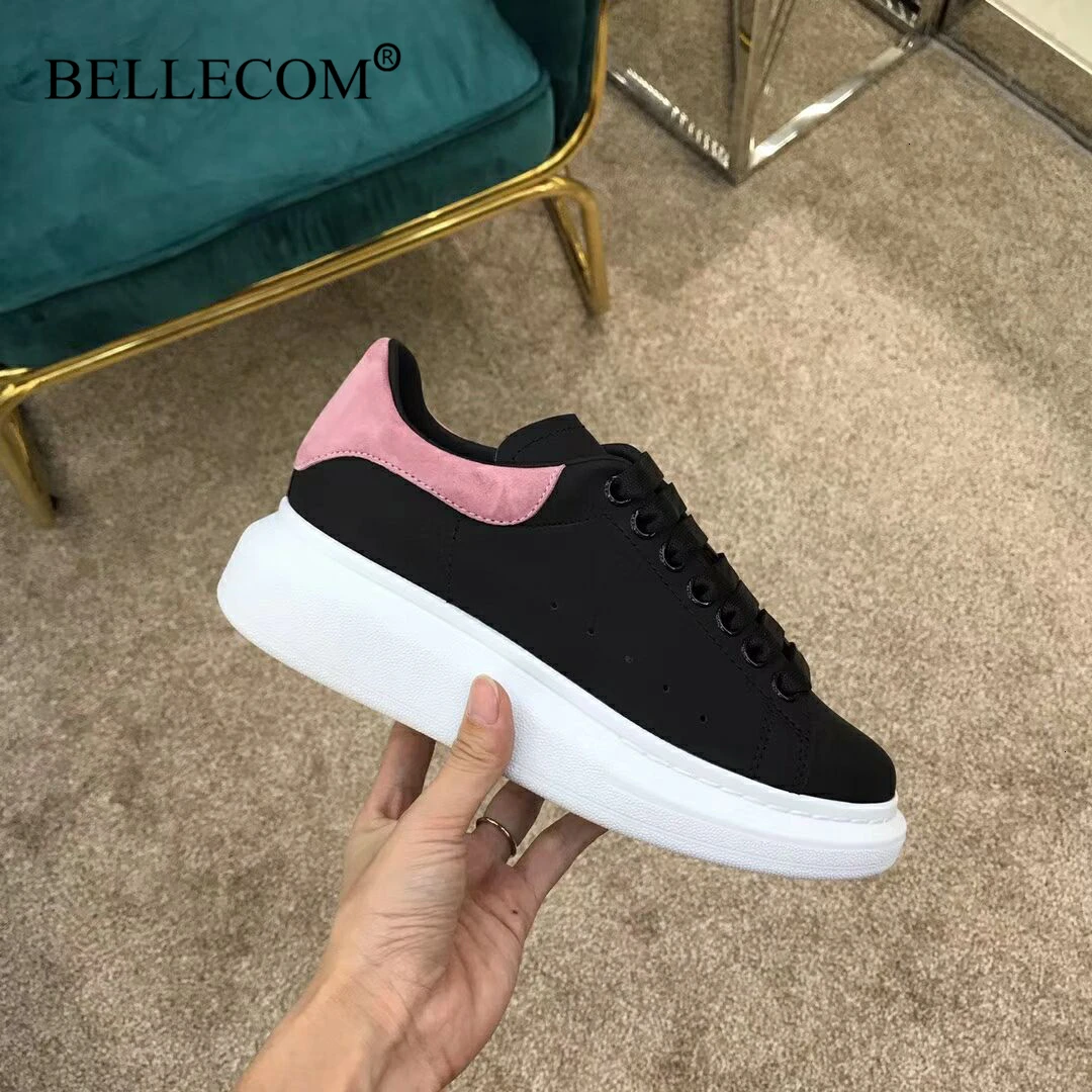 Bellecom/Новинка года; женские кроссовки на платформе; мужские кожаные туфли на плоской подошве; маленькие белые туфли; Повседневная обувь McQueen; zapatos mujer; Размеры 35-45