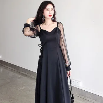 

Loose 2020 Spring New Style French Retro Charade Sense of Design V neck Long-sleeve Dress Mid Length Hepburn Black Dress ZLL5001