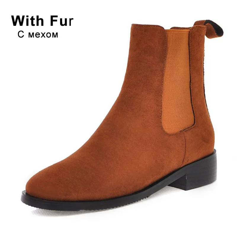 Taoffen/ботильоны для женщин с эластичной лентой, круглый носок, тапочки для отдыха на плоской подошве, Осень-зима, теплая повседневная женская обувь, размер 33-46 - Цвет: coffee with fur