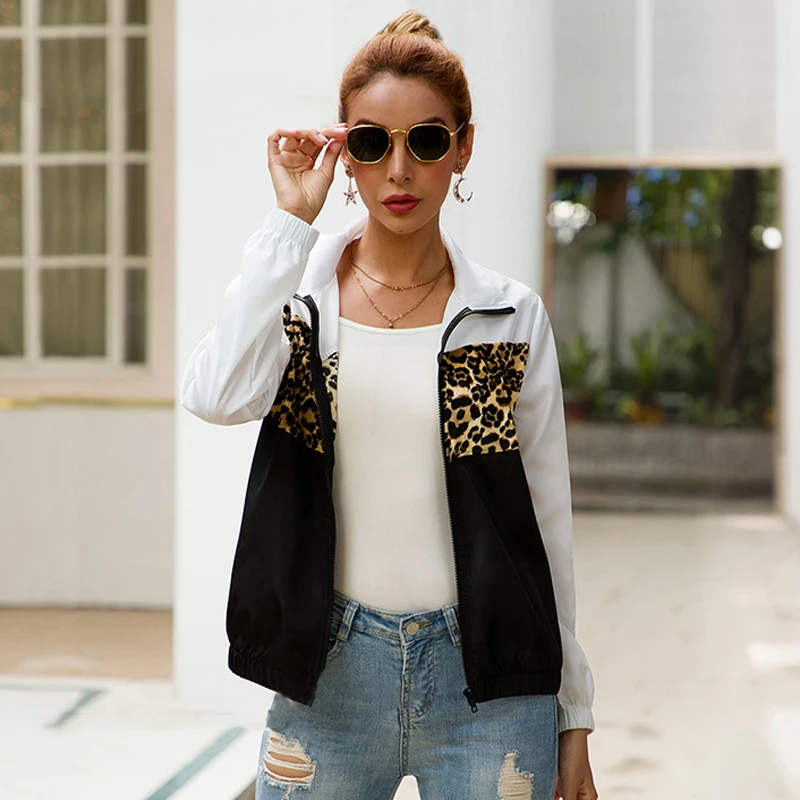 

Women Fashion Leopard Contrast Color Jacket for Autumn Spring Patchwork Short Wind Coat Thin Elastic Cuff S M L XL