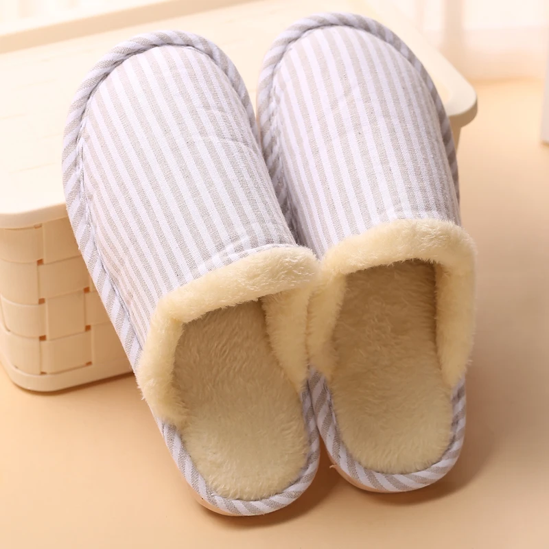 

Newbeads Cotton Slippers Woolen Slippers Color Stripe Furry Plush Winter Home Indoor Men's and Women's Slip-On House Shoes