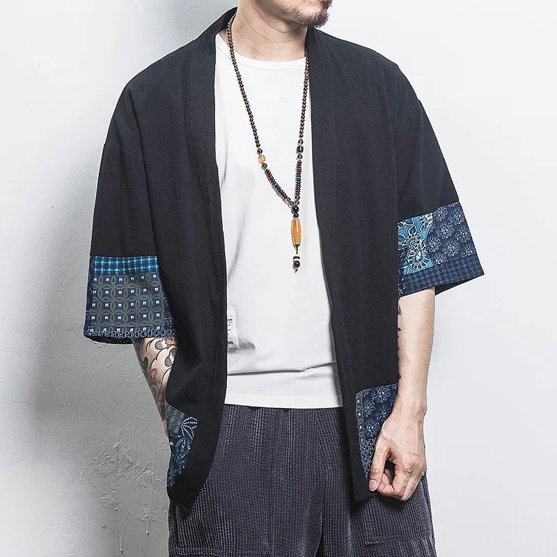 Мужская рубашка-кимоно с рукавами, традиционный кардиган, винтажная рубашка Hanfu, пальто, японская юката, кардиган без пуговиц