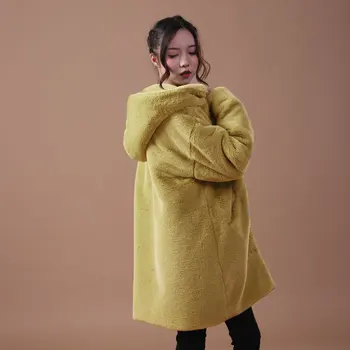 

Warp knitted rabbit fur coat ladies hooded winter loose fur coat mid-length faux fur casual jacket