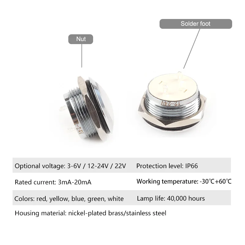 19mm Metal Indicator Light No Wire Waterproof LED Warning power Round Signal Lamp With Soldering Pin 3V 6V 12V 24V 110V 220V