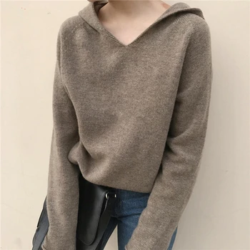 

zocept Spring and Autumn New Loose Knit Pullover Hooded Women Cashmere Sweater Solid Color Hooded Wool Sweater Coat