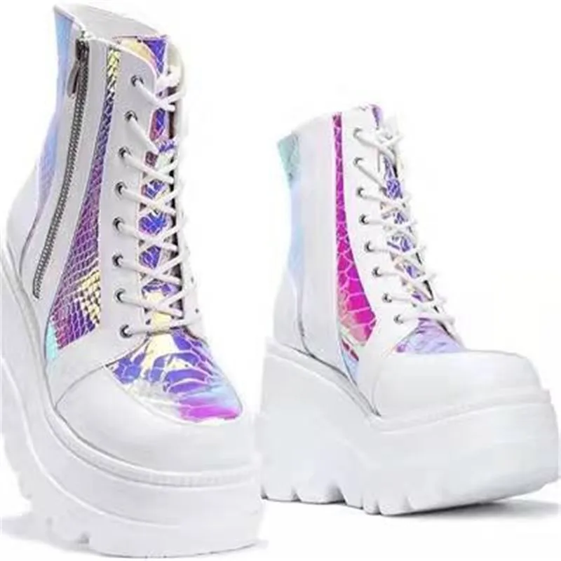 2022 Brand Ladies Fashion Punk Chain Platform Ankle Boots Cross Tied Zip Wedges High Heels Women Goth Street Shoes Woman | Обувь