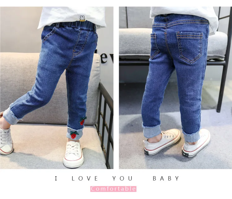 Girls' Trousers Autumn Medium-small Girls Strawberry Crimping Jeans Female Baby Autumn Clothing Korean-style Trousers