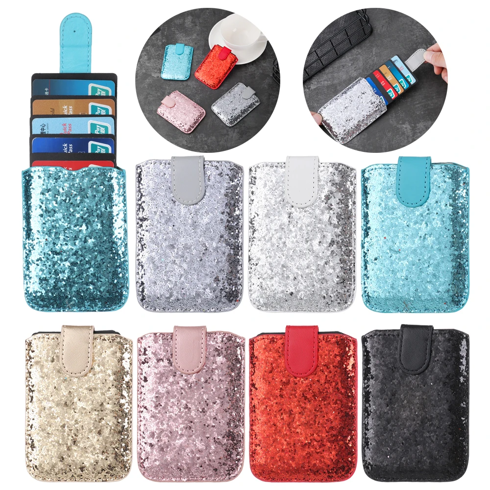 1PC RFID Blocking Credit Card Holder 5 Pull Sequins Card Sleeve Case Adhesive Sticker Universal Sequins Cell Phone Wallet Case