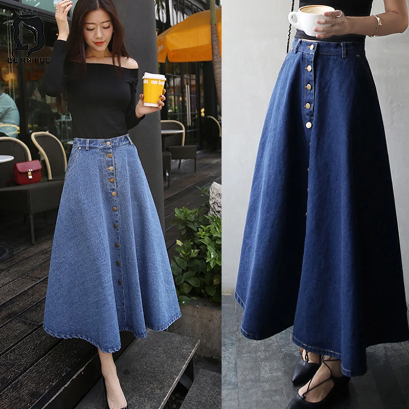 

Fashion Denim High Waist Solid Color Women Long A-Line Skirt Korean Style Womens Casual Button Jean Skirts Female Trendy Females