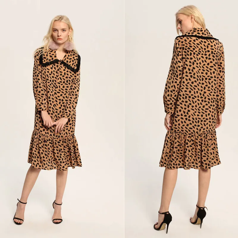 

Autumn And Winter New Style Loose-Fit Korean-style Leopord Pattern Tassels Shawl Peter Pan Collar Long Sleeve Underwear A- line