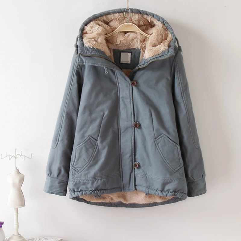 Liva/зимняя куртка для девочек; Женская куртка в Корейском стиле для студентов; милое свободное утепленное кашемировое пальто с капюшоном; женская короткая однотонная ветровка - Цвет: skyblue