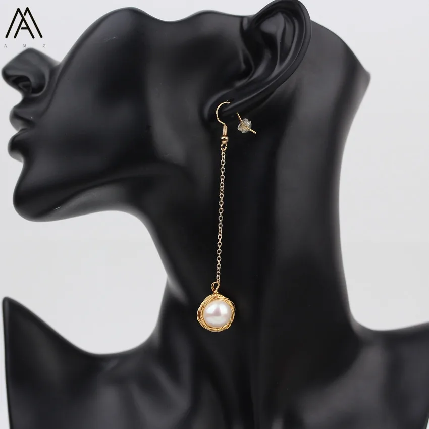 

Korean Style Gold Chain Long Eardrop,Round Baroque Pearl Pendant Drop Earring For Girl Party Christmas Jewelry Gift TSMN-16