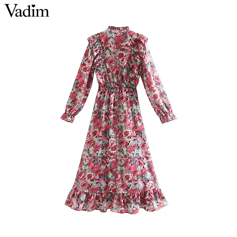 Женское элегантное платье vadim платье миди с цветочным принтом и оборками с эластичной талией Длинные рукава женский ретро стильные платья трапециевидной формы vestidos QC949