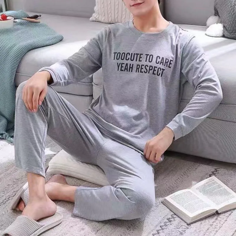 PUIMENTIUA Men Cotton Pajamas Sets Letter Striped Sleepwear Cartoon Pajama Sets Casual Sleep&Lounge Pyjamas Plus Size 2XL Pijama