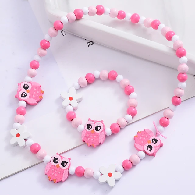 Jewelry 2Pcs/Set Little Girls Jewelry Set Wooden Stretch Necklace Bracelet  Play Jewelry Gifts for Kids Bracelets for Women Wood Pink 