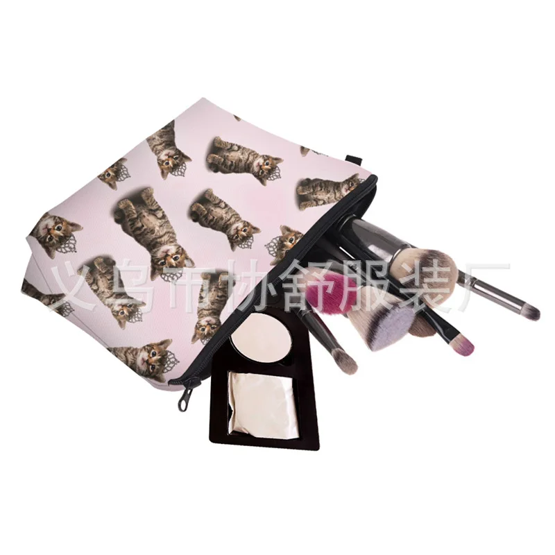Cross Border High-definition Hot Selling Wear Crown Kitten Cosmetic Bag 3D Printed Europe And America Women's Daily Life Clutch