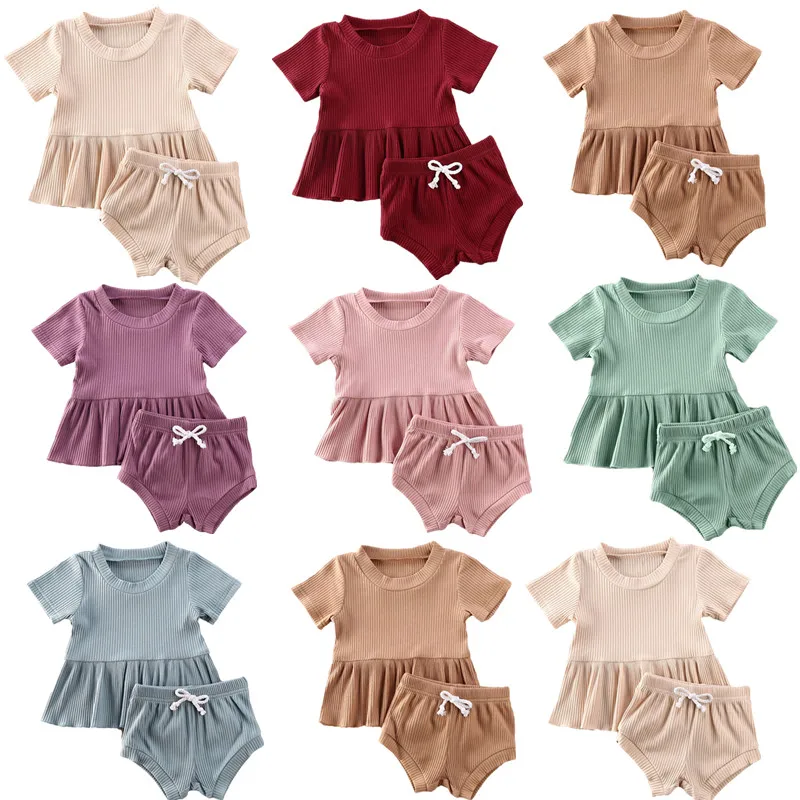 0-24M Newborn Baby Girls Clothing Infant Baby Girls Boys Clothes Sets Solid Short Sleeve T Shirts Tops+Shorts Trousers 2pcs
