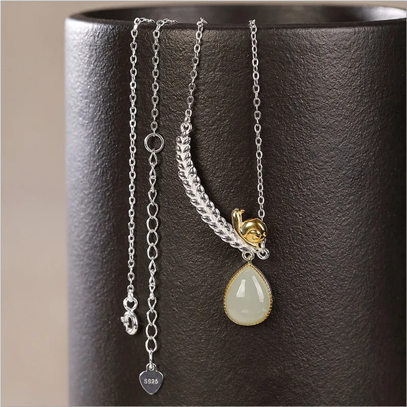 Necklaces Женские серьги в виде улиток из настоящего серебра с оливковой веткой, 925 серебряные ожерелья в форме капли воды, Jade Brincos, ювелирные наборы E1313 - Цвет камня: Necklaces
