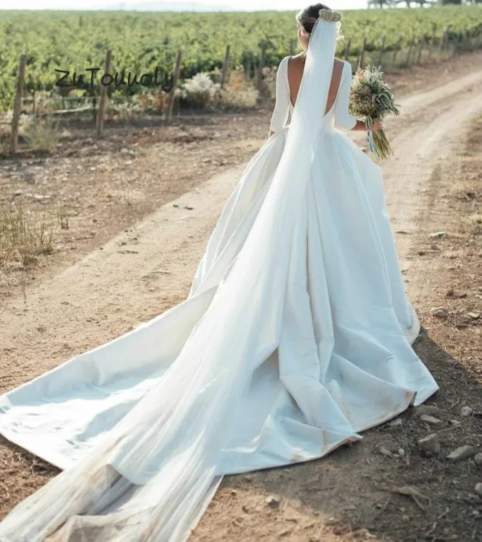 Соборное свадебное платье с длинным рукавом es простой сатин с открытой спиной Boho осеннее свадебное платье цвета слоновой кости подходящие