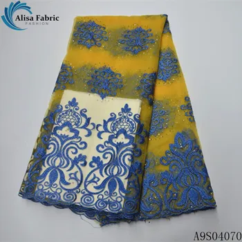 

Alisa nigerian tulle lace fabric 2020 high quality embroidery with beads and stones 5 yards african net laces fabrics for sewing