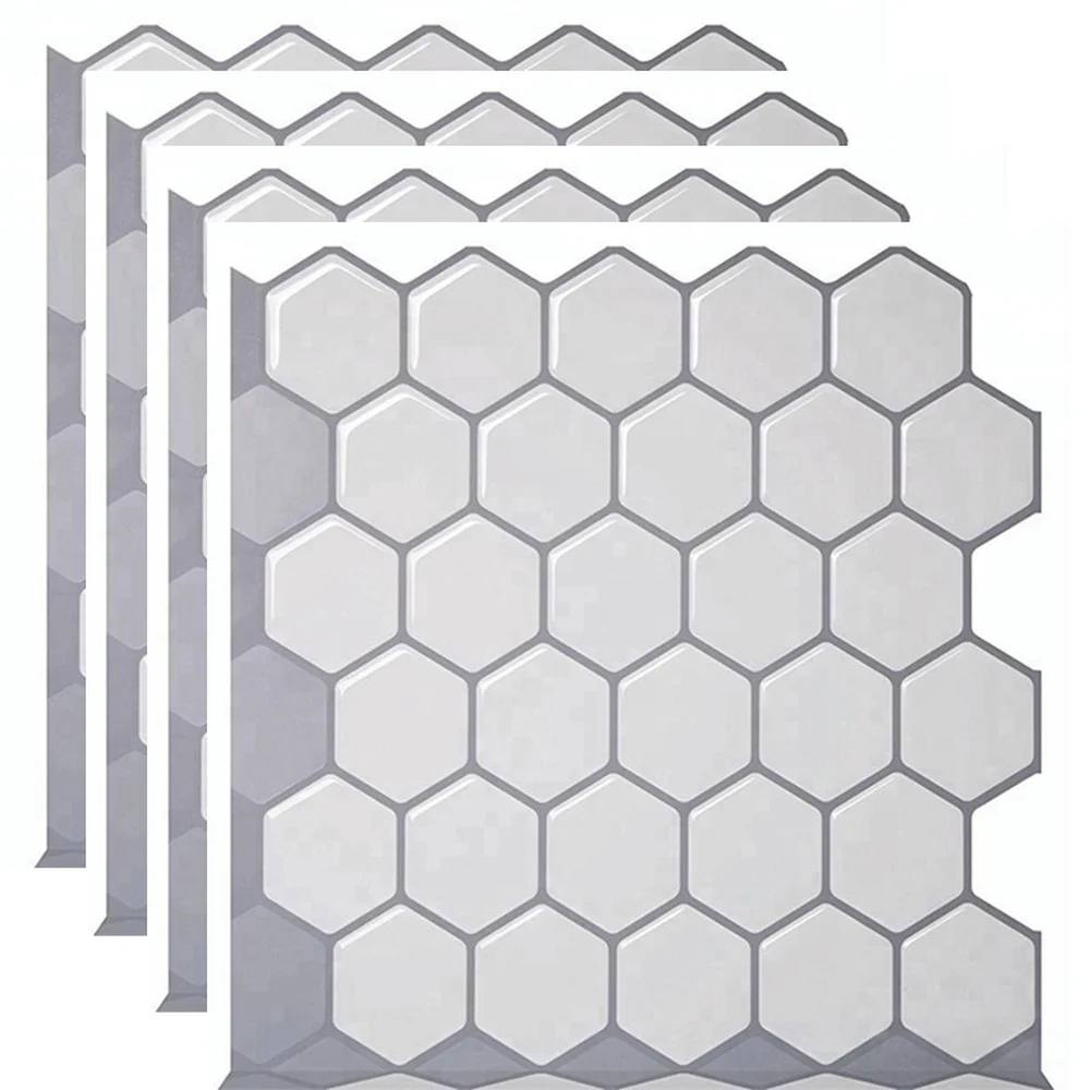 4 Pcs 3d Mosaic White Vinyl Sticker Hexagon Self Adhesive Peel And