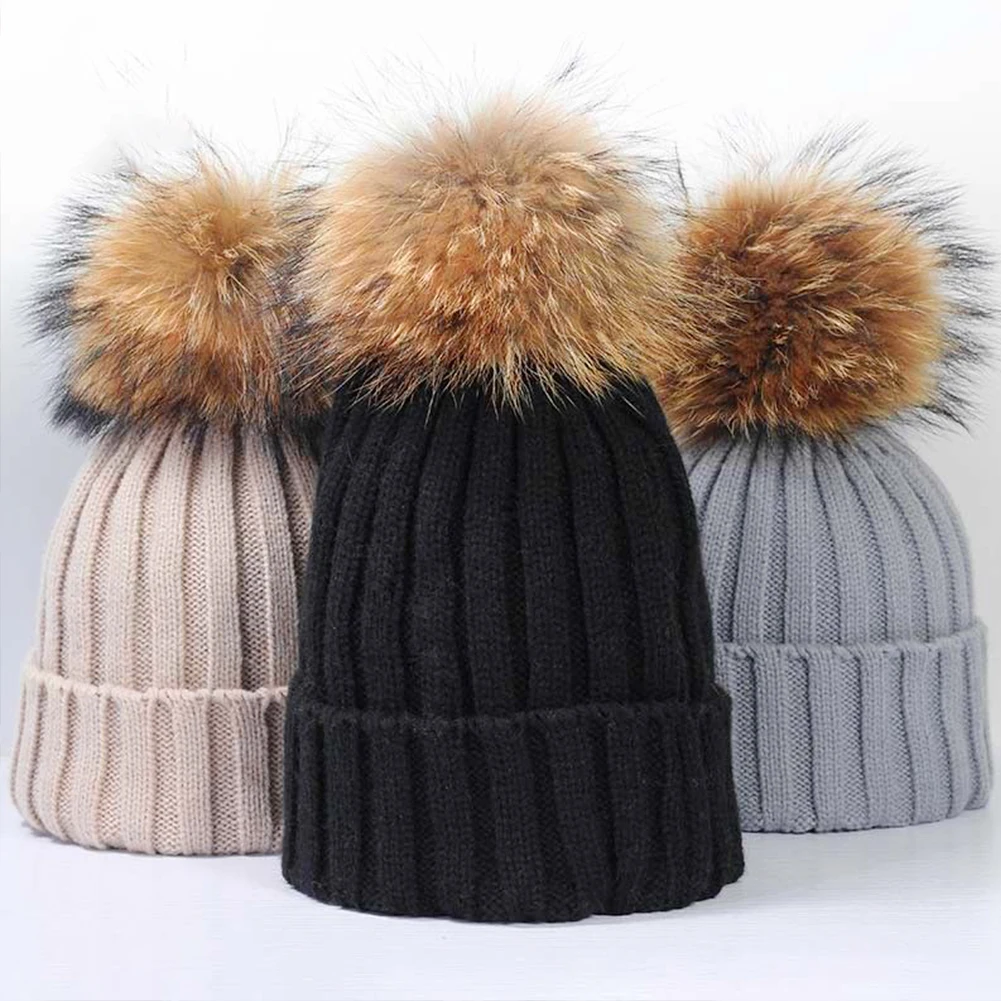 Теплая вязаная Милая Лыжная вязаная шапочка с помпонами зимняя Унисекс Женская шляпа из искусственного меха