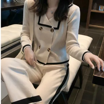 

2019 Fall Trousers Female 2 Piece Set Women Double Breasted Sweater Long Sleeve Cardigan + Wide Leg Full Length Pants Knit Sets