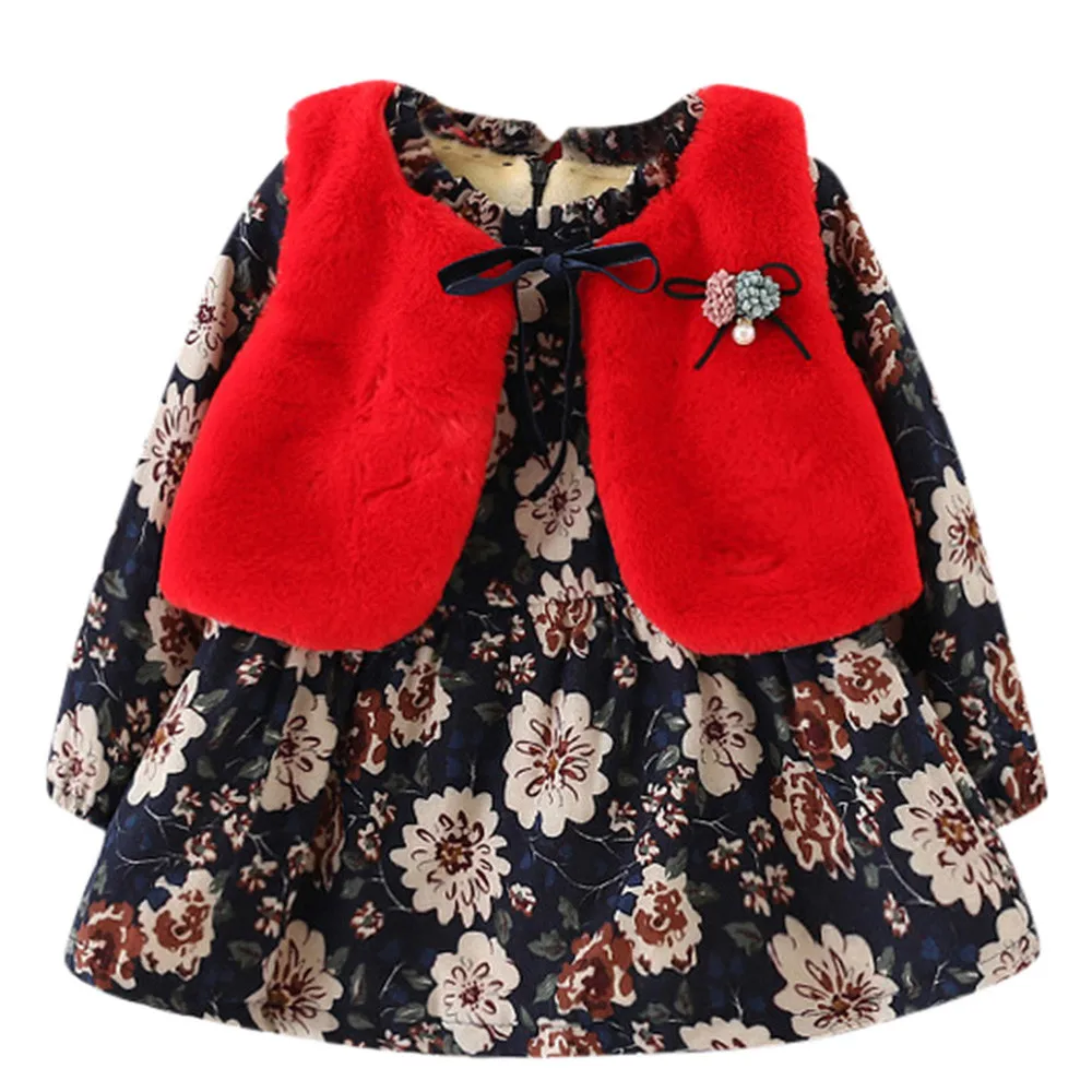 Для новорожденных зимнее платье для девочек с цветочным принтом, жилет из искусственного меха для девочек, платья и костюмы Детская Вечеринка элегантное теплое платье принцессы комплект для девочек Sukienki# LR2