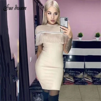 

2020 New Women'S Fashion Sexy Beaded Tassel O-Neck Black Apricot Dress Bodycon Club Celebrity Party Dress Vestidos