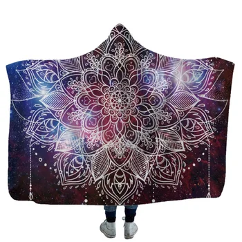 

Mandala Flower Printed Hooded Blanket Winter Plush Throw Cloak Wearable Blankets