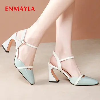 

ENMAYLA 2020 Genuine Leather Slip-On Sling Back Square High Heels Basic Round Toe Shallow Mixed Colors Office Lady Women Sandals