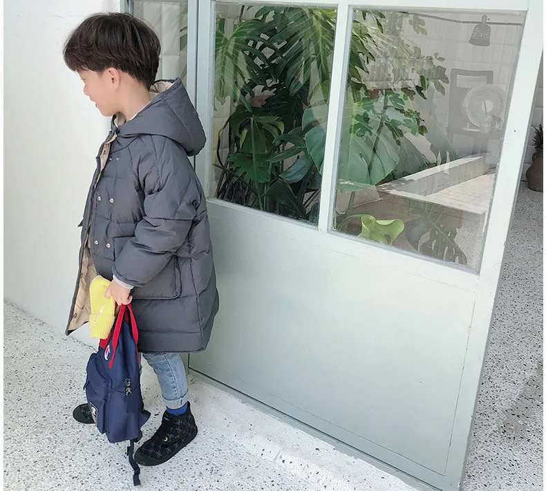 New Vintage White Duck Down Jacket For Girls 3-9 Years Fashion Beige Solid Outerwear Kids High Street Winter Long Coat Boys
