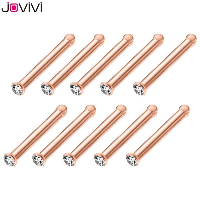 JOVIVI 10 шт. из нержавеющей стали 20 г серьги в нос, гвоздики кость ноздрил Pin L форма пирсинг бижутерия 1,5 мм/2 мм/2,5 мм/3 мм страз - Окраска металла: 10pcs Rose Gold