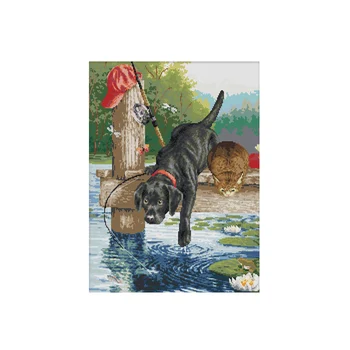 

Needles Thread Handmade Canvas Cloth Needlework Beginners DIY Art Counted Embroidery Gift Dog Fishing Crafts Cross Stitch Kit