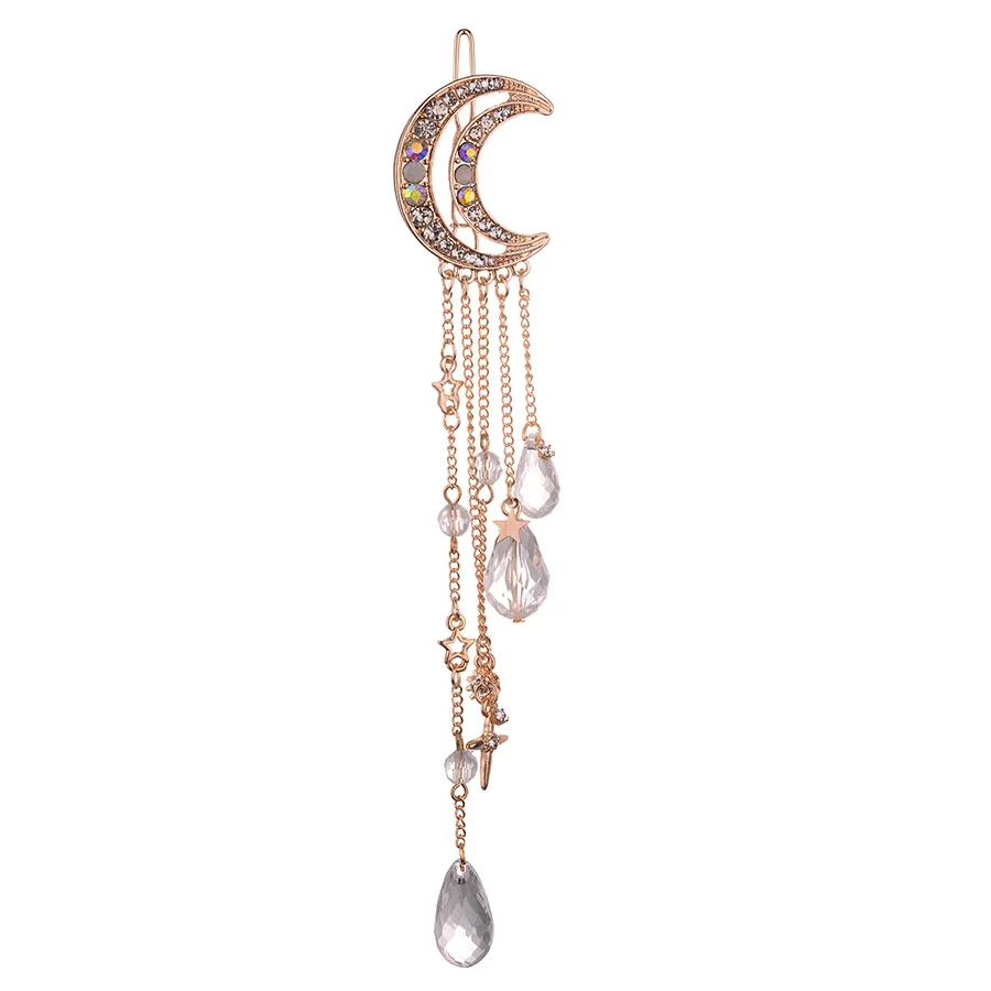 rose gold Qingwen 1 шт. женский зажим Луна кристалл кулон булавка кисточка Длинная цепочка бусины шпилька женские украшения для волос Свадебные зажимы для волос - Окраска металла: rose gold
