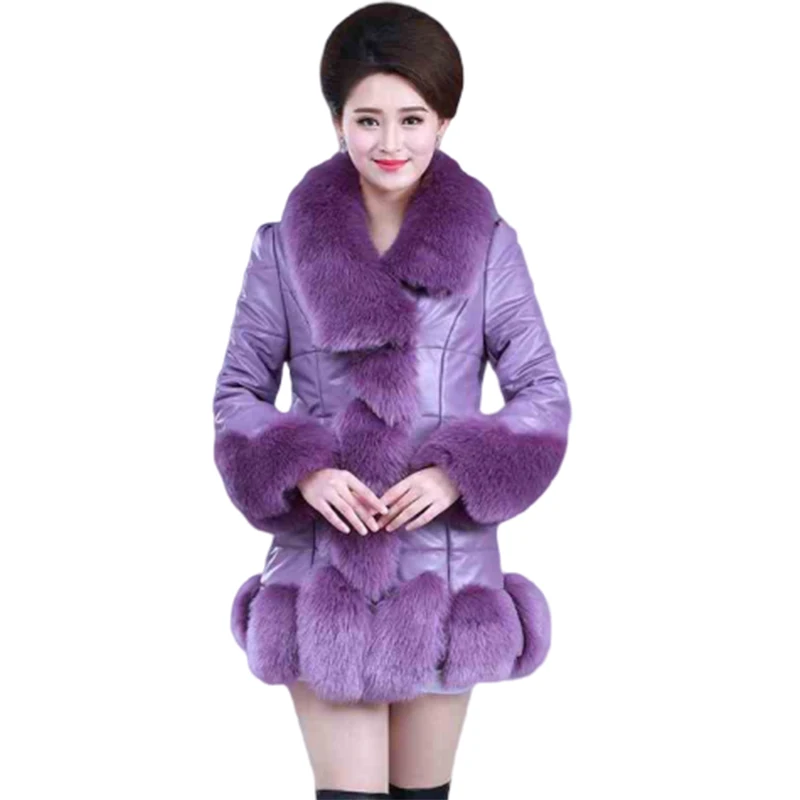 Новая зимняя кожаная куртка для женщин, толстая теплая меховая куртка из искусственной кожи, большие размеры, женские длинные ветрозащитные куртки из искусственного лисьего меха - Цвет: Toon purple