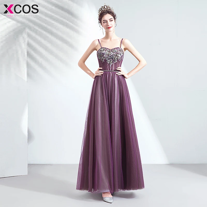 Фиолетовые бусы кристаллы Тюль вечернее платье Robe De Soiree сексуальные без бретелек с блестками вечерние выпускные платья vestido de festa - Цвет: as the picture