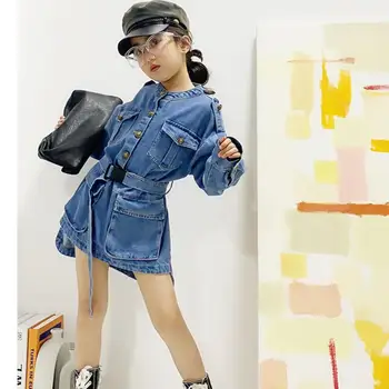 

Hot selling baby girls dress spring autumn new pocket Tooling dress children tops kids belt long sleeve dress clothes ws1377