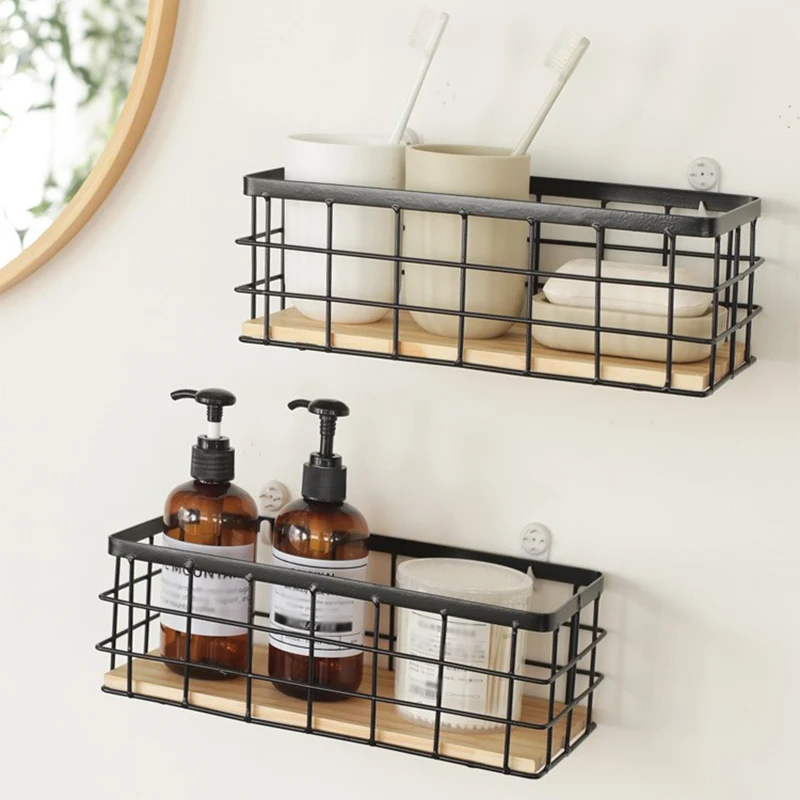 Iron Storage Baskets Removable Wooden Base Organizer Baskets Home Living Room Kitchen Wall-Mounted Shelves 3