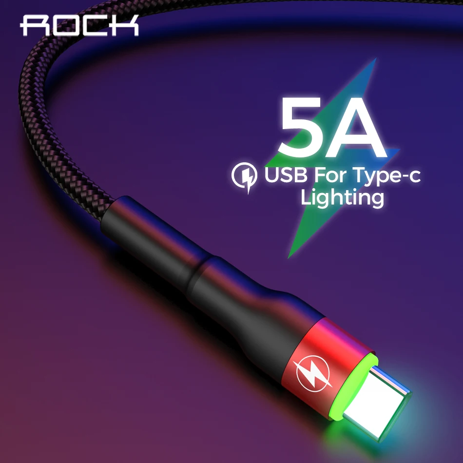 ROCK type C 5A светодиодный светильник usb type C кабель USBC Быстрая зарядка QC 4,0 зарядное устройство type-c светильник ing кабель для samsung S10 S9 Xiaomi 9 8