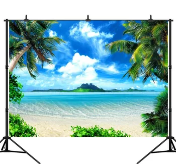

Summer Blue Sky Photo Backdrop Sea Island Beach Palm Tree Photography Background