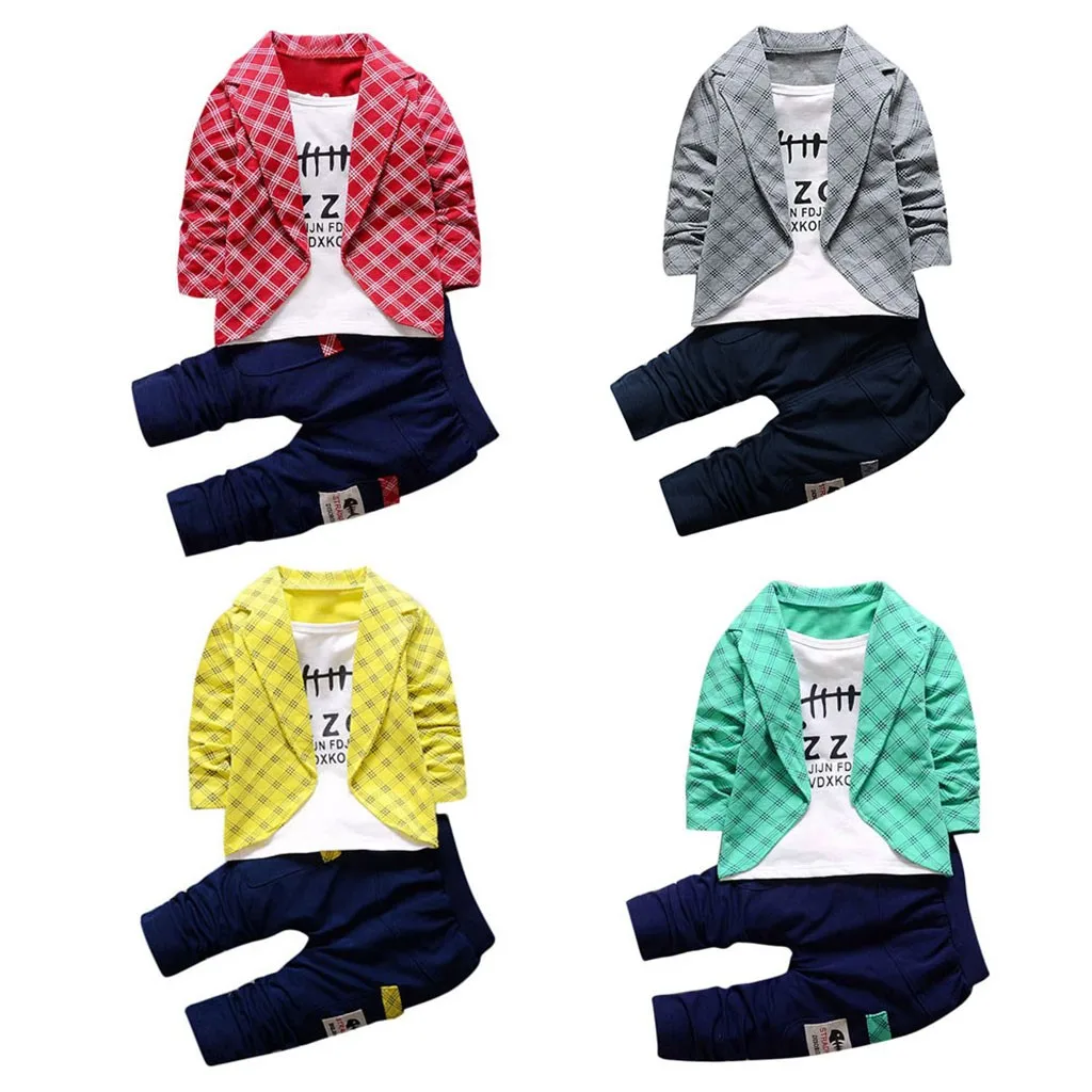 Весенне-осенняя Однотонная рубашка в клетку для маленьких мальчиков топы+ длинные штаны, комплекты одежды комплект джентльмена из 2 предметов, L1129