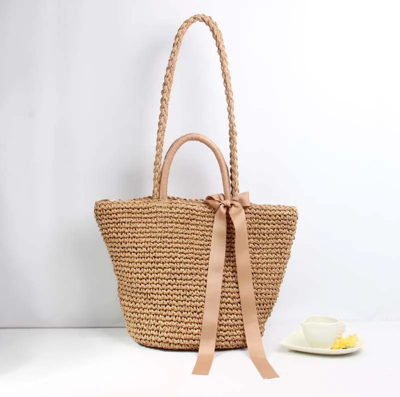 bow coffee 38X32X25 Новая соломенная сумка Женская Ручная полая сумка в форме Луны из ротанга Большая вместительная сумка на шнурке Повседневная дорожная пляжная сумка - Цвет: bow coffee 38X32X25
