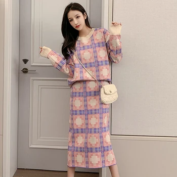 

Korean Fashion Knit 2 Pcs Set Loose Plaid Brief Print Two Piece Set A-line Casual Vintage High Waist Women Clothes