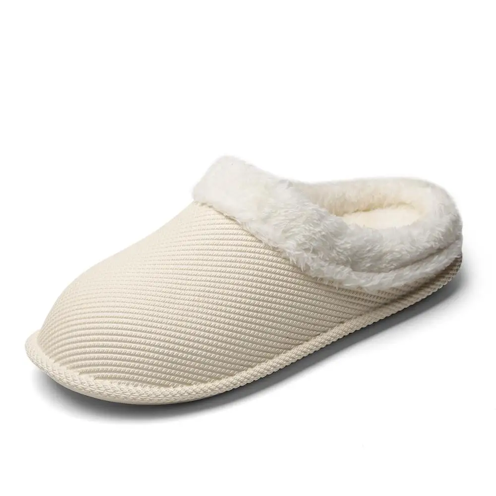 BEIGE WHITE Зимняя мужская обувь; Плюшевые мужские тапочки; флисовые теплые меховые домашние тапочки с хлопковой подкладкой; домашняя обувь на плоской подошве; большие размеры; вьетнамки - Цвет: BEIGE WHITE