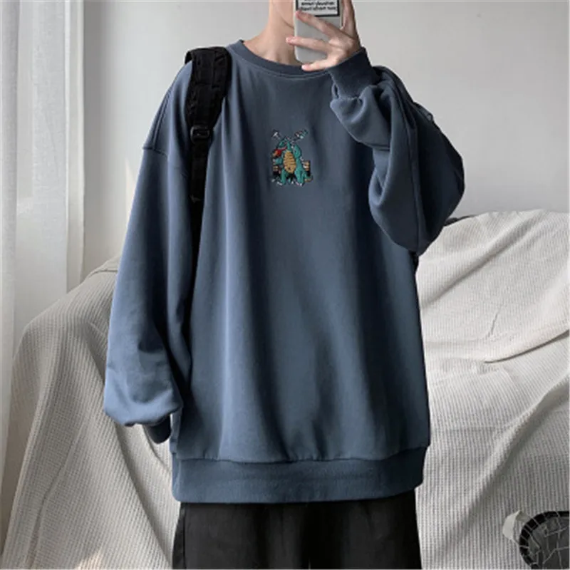 

Cool 2020 Men Autumn Dinosaur Embroidery Pullovers Sweatshirts Mens 3 Colors O-Neck Hoodies Male Fashion Korean Sweatshirt Cool