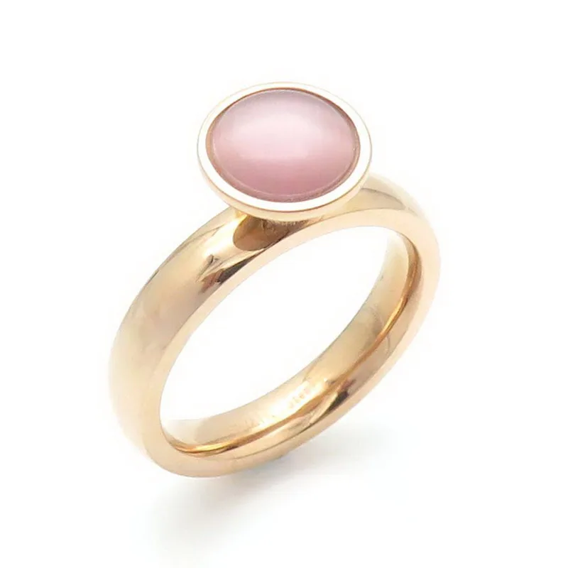 Модное розовое кольцо с имитацией опала инкрустированное золотым цветом круглое