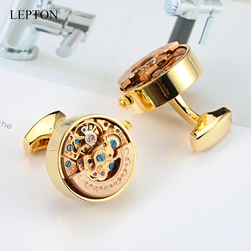 Low-key Luxury Functional Watch Movement Cufflinks Lepton Steampunk Gear Watch Mechanism Cuff links for Mens Wedding Gift
